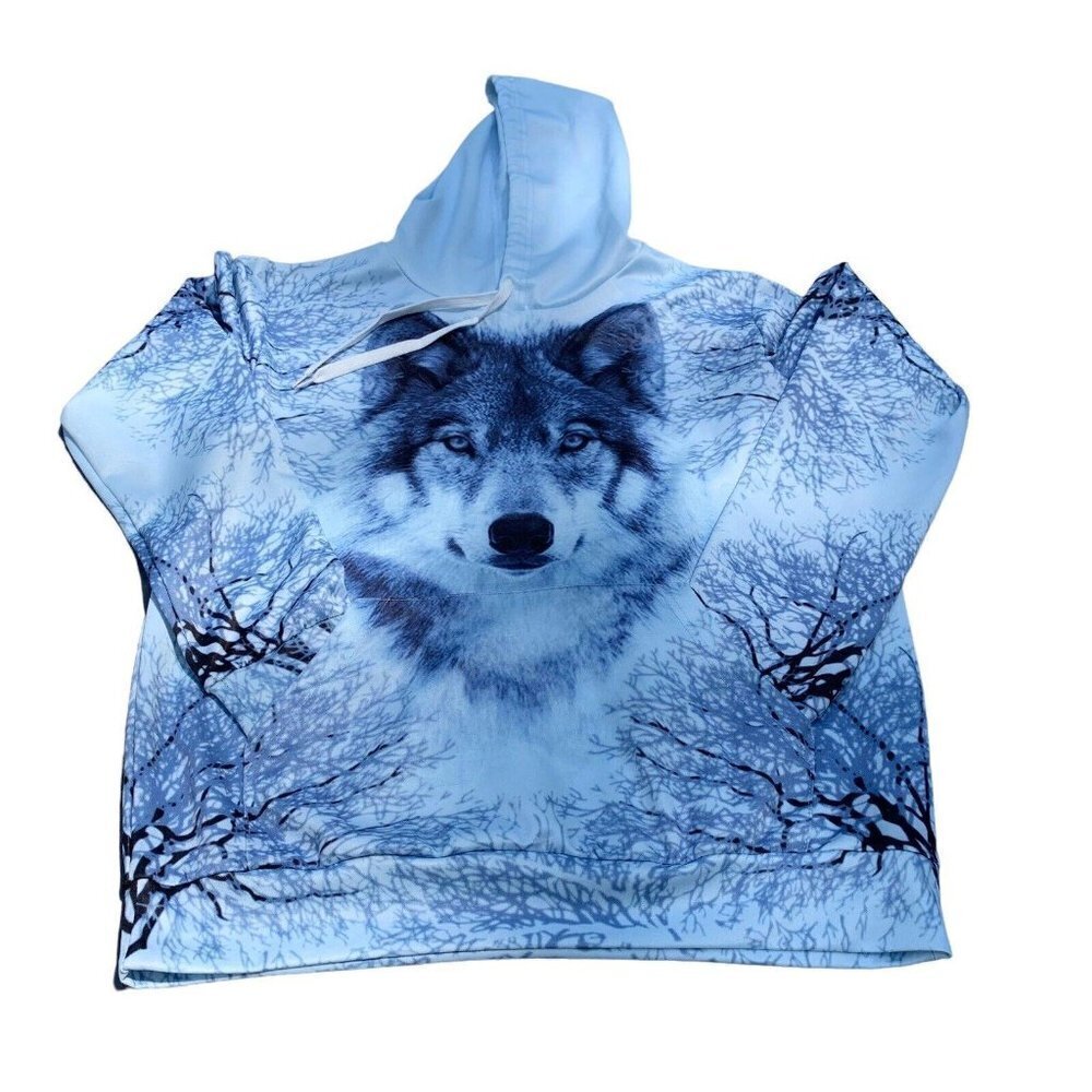 Blue Dual Side Graphic Wolf Face Print Hoodie Unisex Size L Polyester Sweatshirt